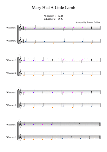 Mary Had A Little Lamb for 8 Notes Diatonic Boomwhackers (arr. Roxana Belibou)