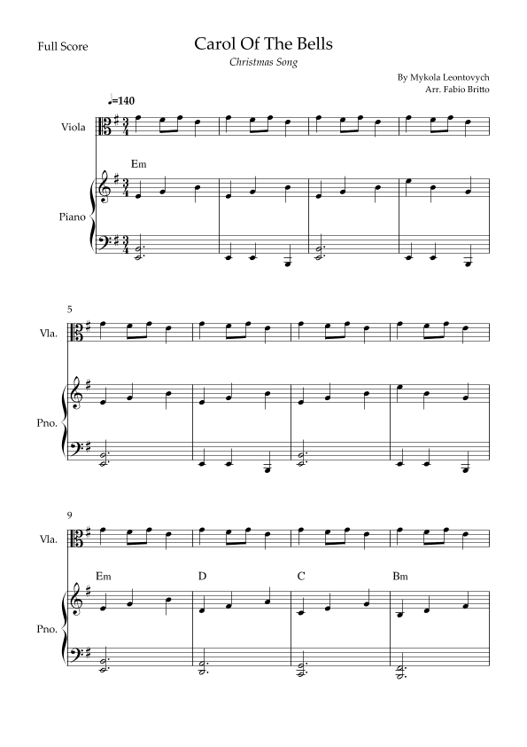 Carol Of The Bells (Christmas Song) for Viola Solo and Piano Accompaniment with Chords (arr. Fabio Britto)