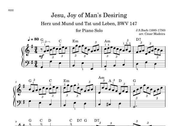 Jesu, Joy of Man's Desiring - Piano Solo - W/Chords (arr. César Madeira)