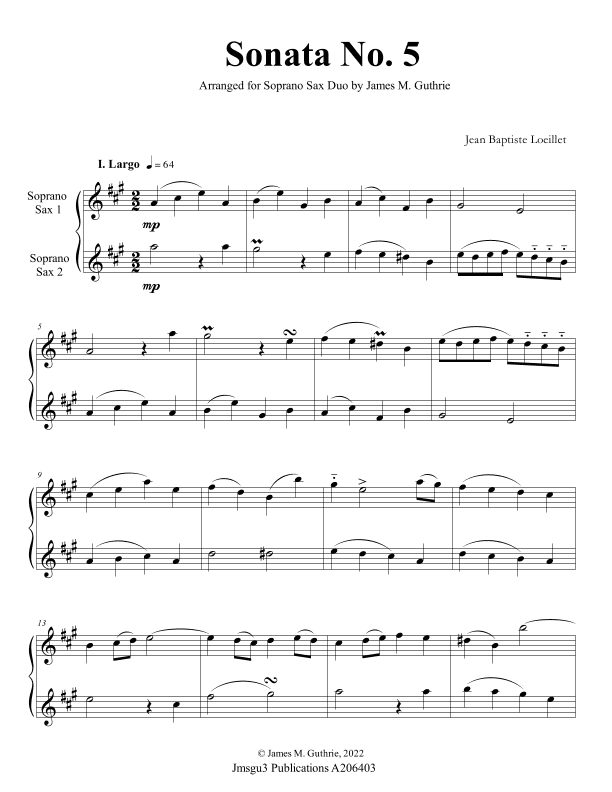 Loeillet: Sonata No. 5 for Soprano Sax Duo (arr. James M. Guthrie)