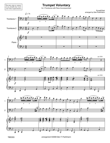 TRUMPET VOLUNTARY (Clarke - The Prince of Denmark's March) - TROMBONE DUET with Piano Accompaniment (arr. Glen Poehlmann)