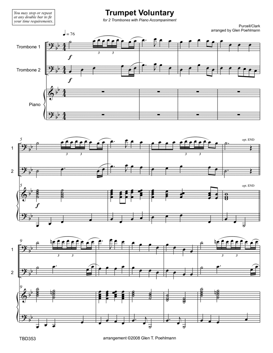 TRUMPET VOLUNTARY (Clarke - The Prince of Denmark's March) - TROMBONE DUET with Piano Accompaniment (arr. Glen Poehlmann)