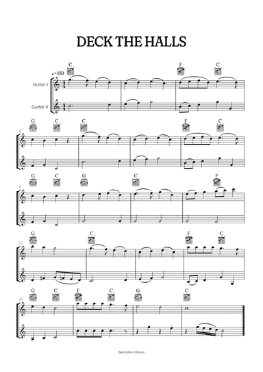 Deck the Halls for acoustic guitar duet • intermediate Christmas song sheet music with chords (arr. Benzaiten Editions)