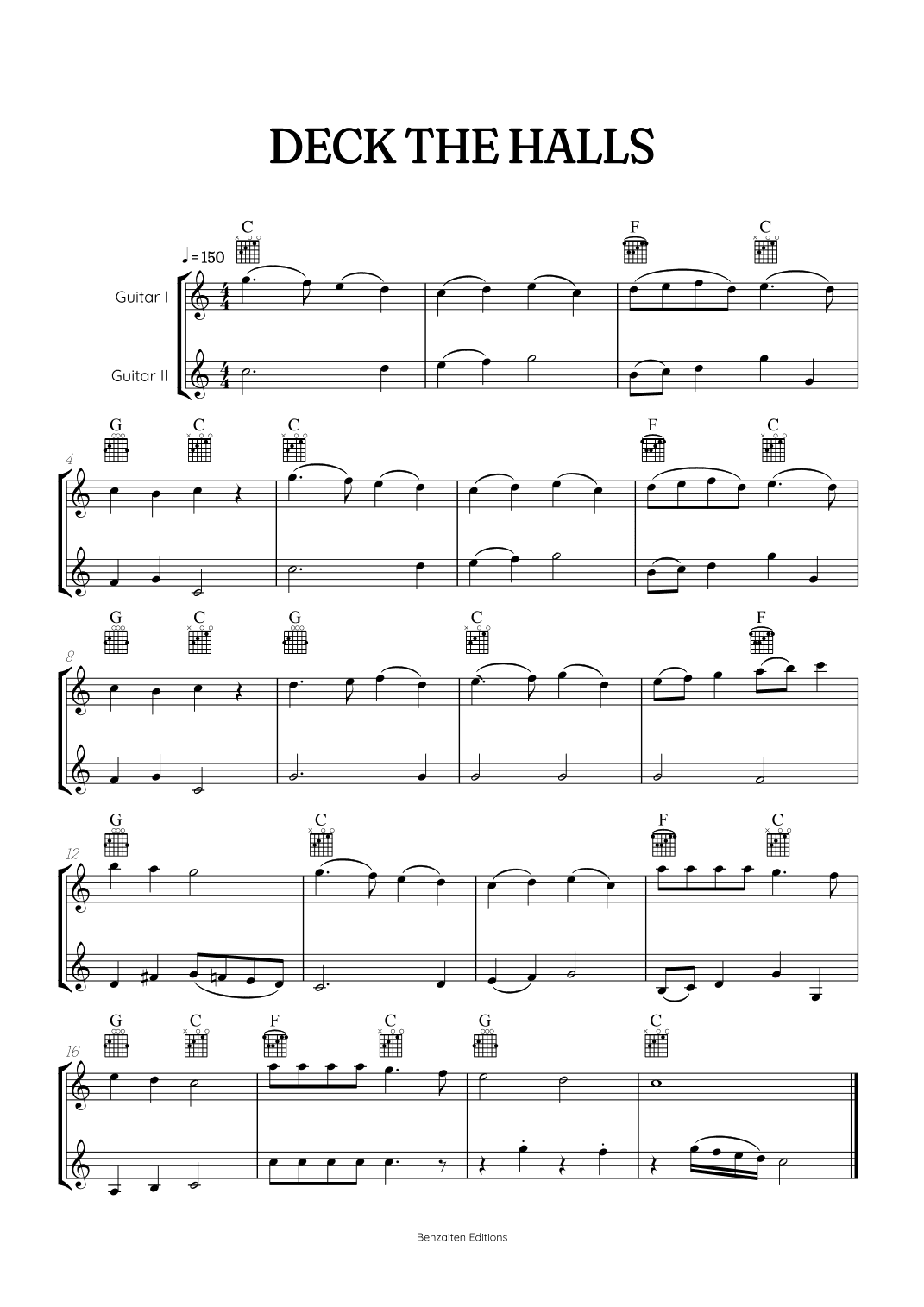 Deck the Halls for acoustic guitar duet • intermediate Christmas song sheet music with chords (arr. Benzaiten Editions)