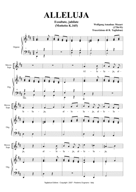 ALLELUJA (Exsultate, jubilate K.165) W.A.Mozart - Arr. for MezzoSoprano and. Organ (in D) (arr. Renato Tagliabue)