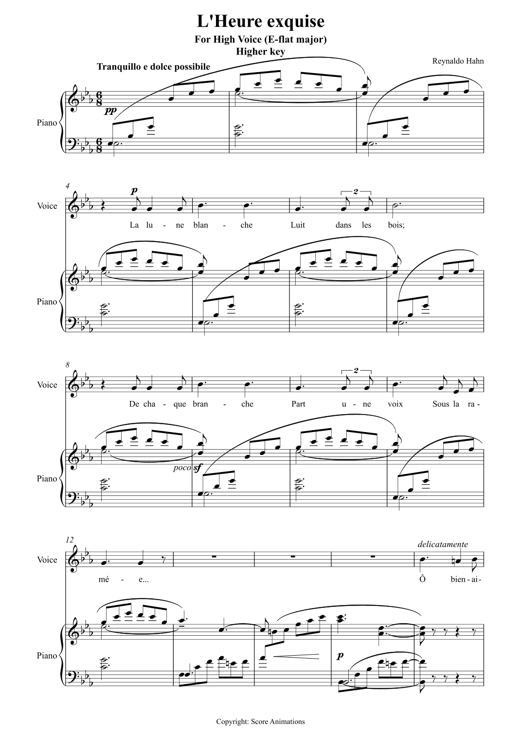 "L'heure exquise" for High Voice (E-flat major) (arr. Score Animations)