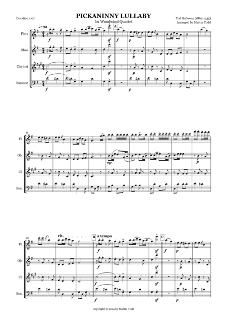 Pickaninny Lullaby for Woodwind Quartet (arr. Martin Todd)