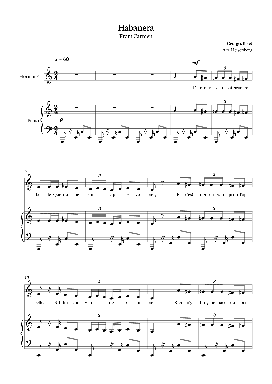 Habanera from Carmen for Horn in F with piano. (arr. Heisenberg)
