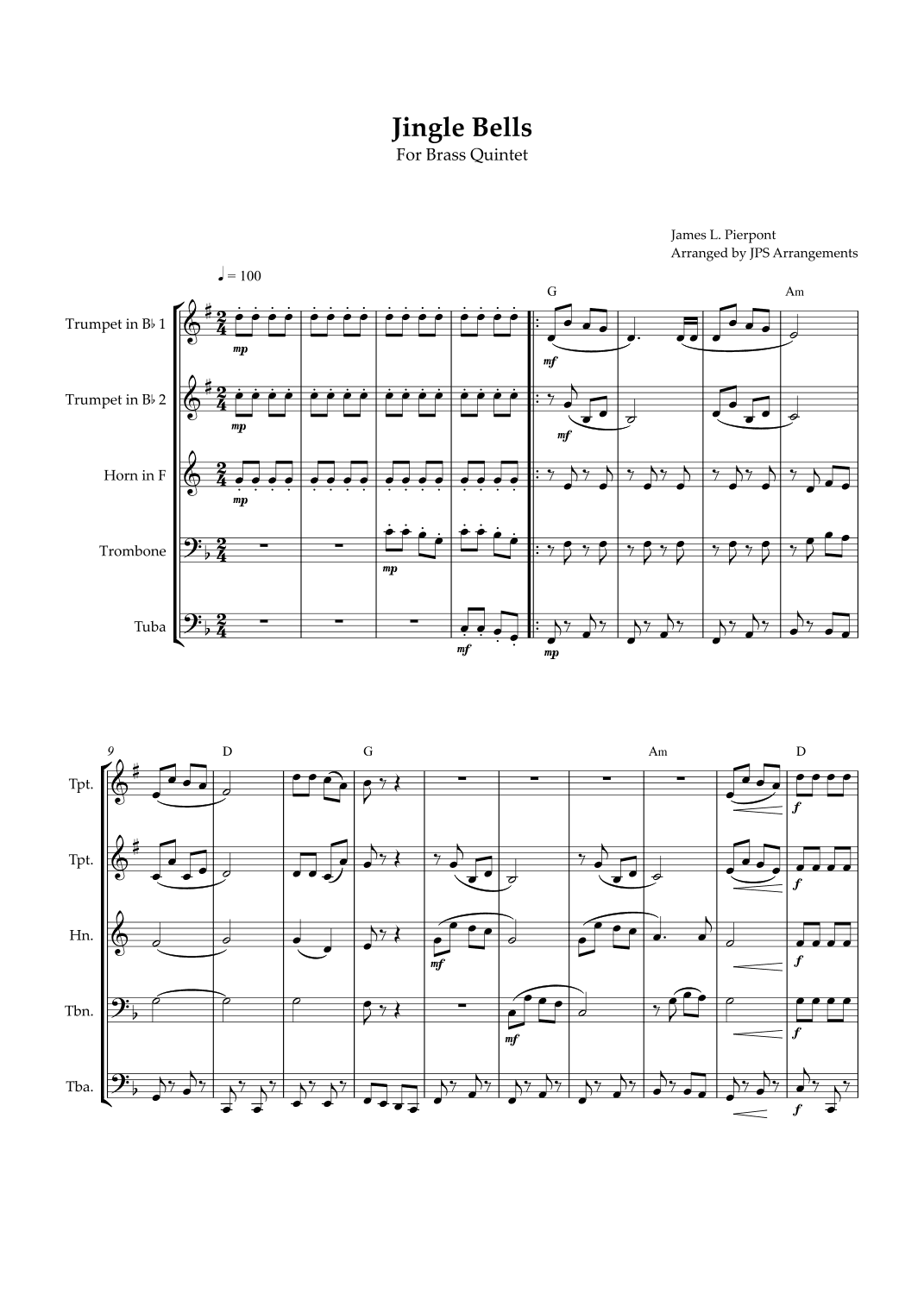 Jingle Bells for Brass Quintet in F major (arr. Jps Arrangements)