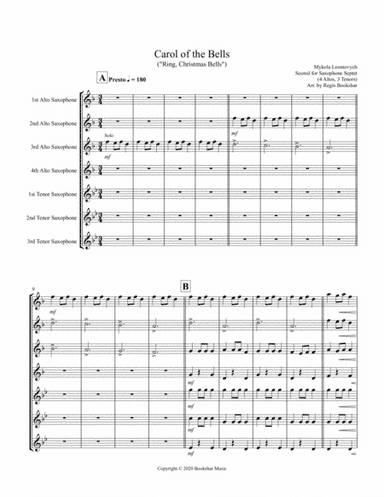 Carol of the Bells (F min) (Saxophone Septet - 4 Alto, 3 Ten) (arr. Regis Bookshar)