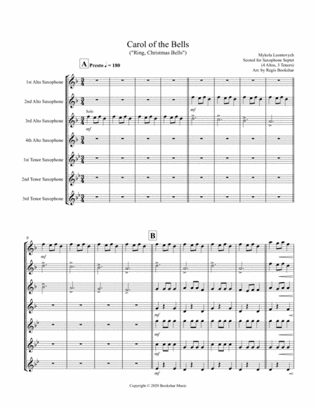 Carol of the Bells (F min) (Saxophone Septet - 4 Alto, 3 Ten) (arr. Regis Bookshar)