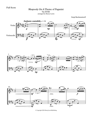 RHAPSODY ON A THEME OF PAGANINI String Duo, Intermediate Level of violin and cello (arr. Sherry Lewis)