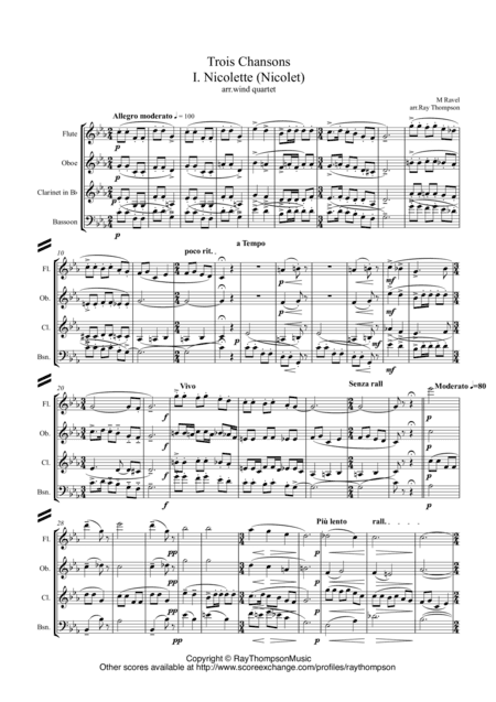 Ravel: Trois Chansons (Three Songs) (includes Three Lovely Birds of Paradise) - wind quartet (arr. Ray Thompson)