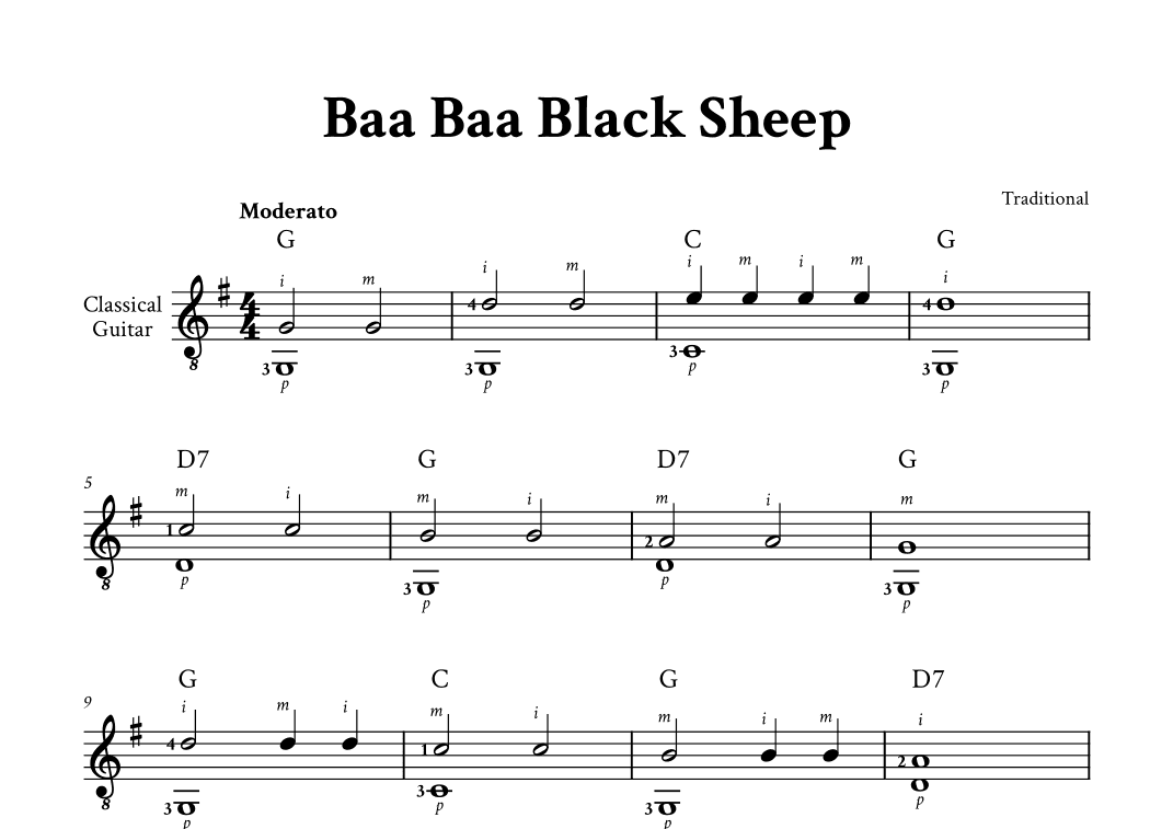 Baa Baa Black Sheep - Fingerstyle Guitar (with Chords and Fingering) (arr. Yuri Noronha)