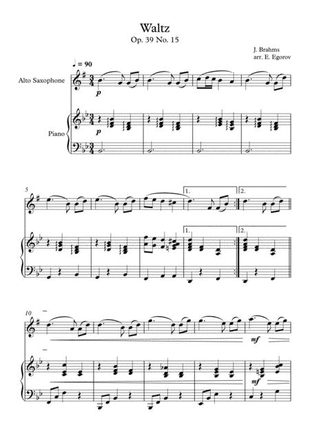 Waltz (Op. 39 No. 15), Johannes Brahms, For Alto Saxophone & Piano (arr. Eugene Egorov)
