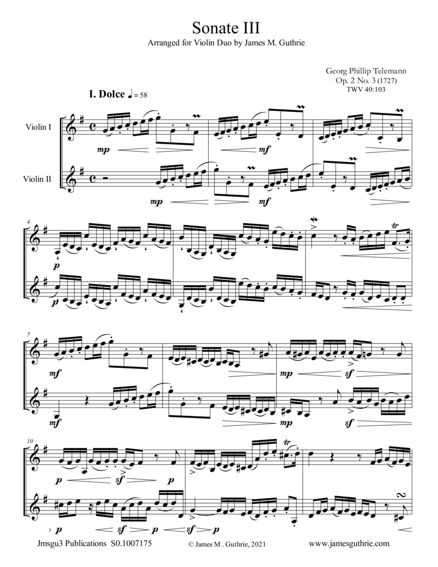 Telemann: Sonata Op. 2 No. 3 for Violin Duo (arr. James M. Guthrie)