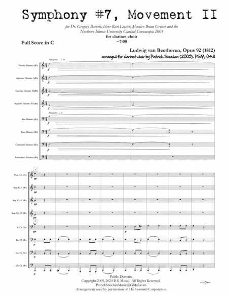 Symphony #7, Movement II [Beethoven] for clarinet choir (full score & set of parts) (arr. Patrick Sheehan)
