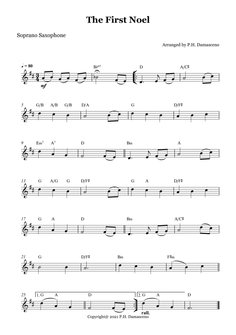 The First Noel - Soprano Saxophone Solo with Chords (arr. P.H. Damasceno)