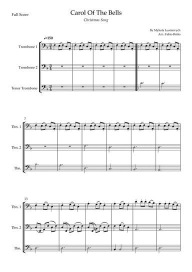 Carol Of The Bells (Christmas Song) for Trombone Trio (D Minor) (arr. Fabio Britto)