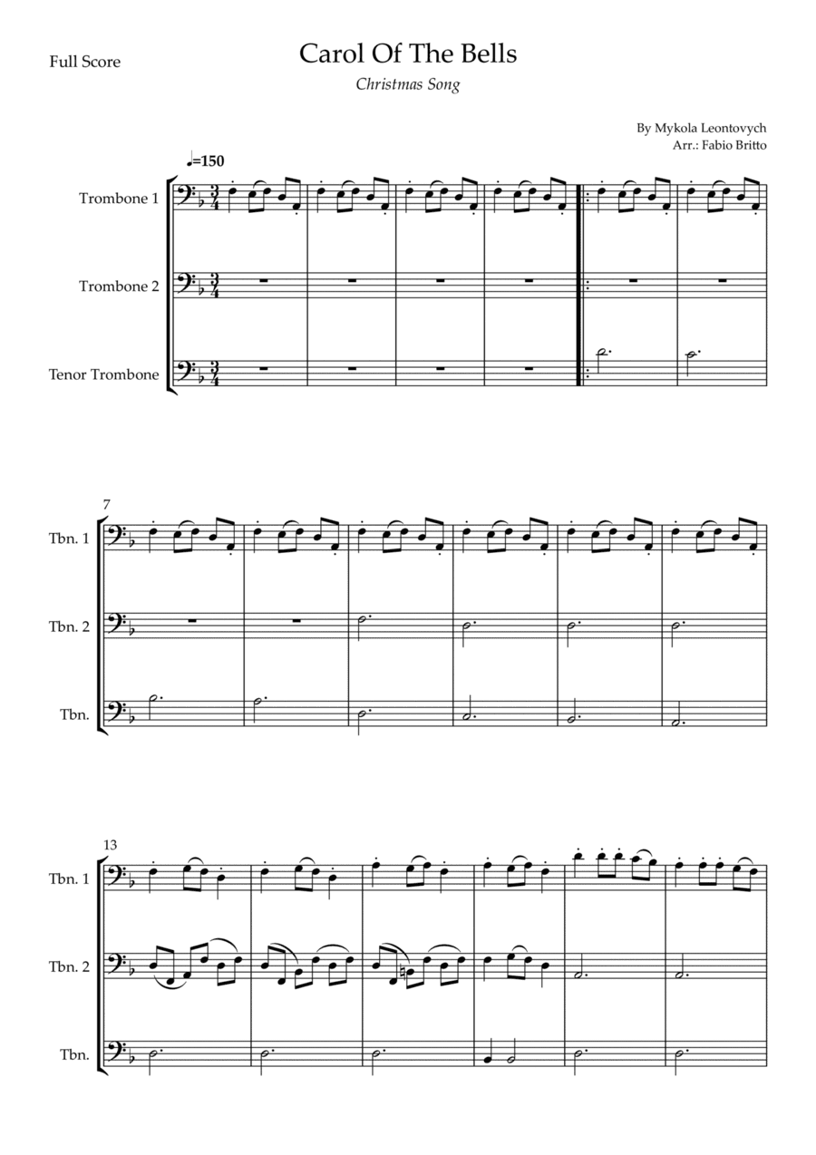 Carol Of The Bells (Christmas Song) for Trombone Trio (D Minor) (arr. Fabio Britto)
