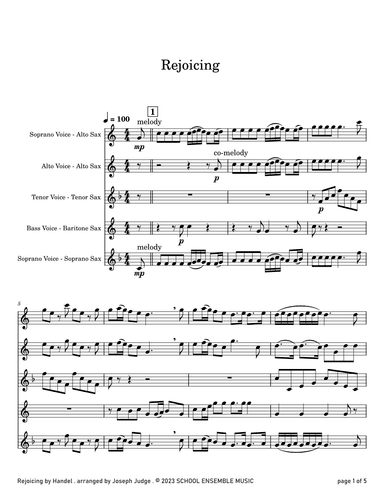 Rejoicing by Handel for Saxophone Quartet in Schools (arr. Joseph Judge)