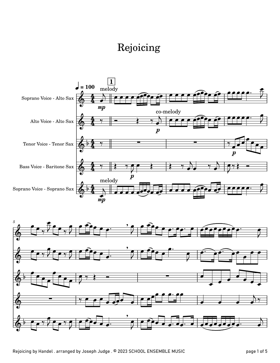 Rejoicing by Handel for Saxophone Quartet in Schools (arr. Joseph Judge)