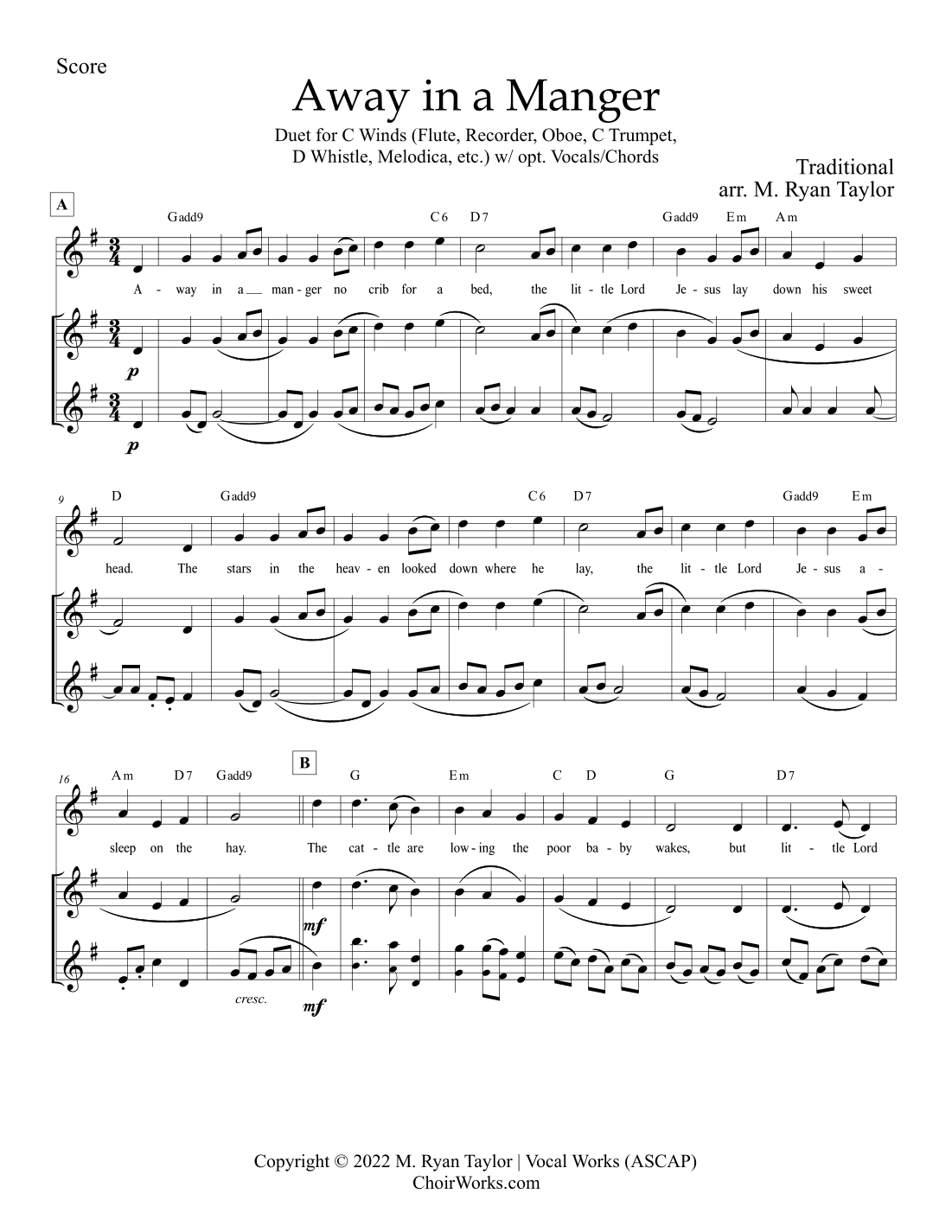Away in a Manger : Duet for C Winds (Flute, Recorder, Oboe, C Trumpet, D Whistle, Melodica, etc.) (arr. M. Ryan Taylor)