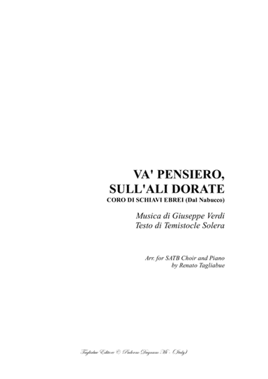 VA' PENSIERO - Verdi - (From Nabucco) - Arr. for SATB Choir and Piano (arr. Renato Tagliabue)