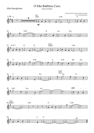 O Mio Babbino Caro (Puccini) for Alto Saxophone Solo with Chords (arr. Fernando Britto)