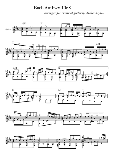 Air on the G String (Suite No. 3, BWV 1068 by J. S. Bach) arranged for classical guitar in D major b (arr. Andrei Krylov)