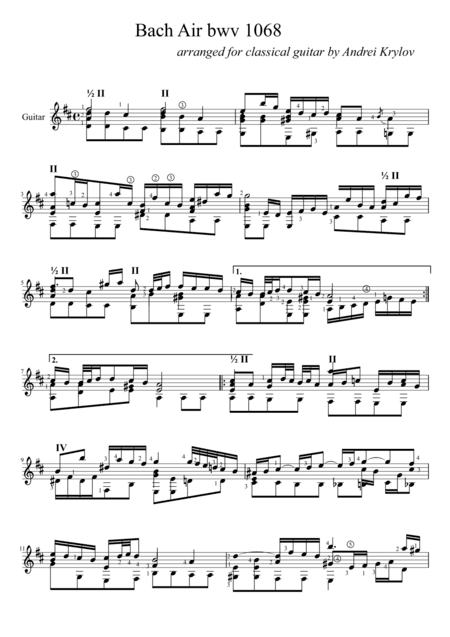 Air on the G String (Suite No. 3, BWV 1068 by J. S. Bach) arranged for classical guitar in D major b (arr. Andrei Krylov)