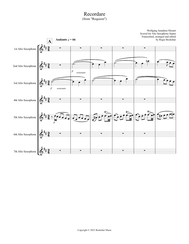 Recordare (from "Requiem") (F) (Alto Saxophone Septet) (arr. Regis Bookshar)