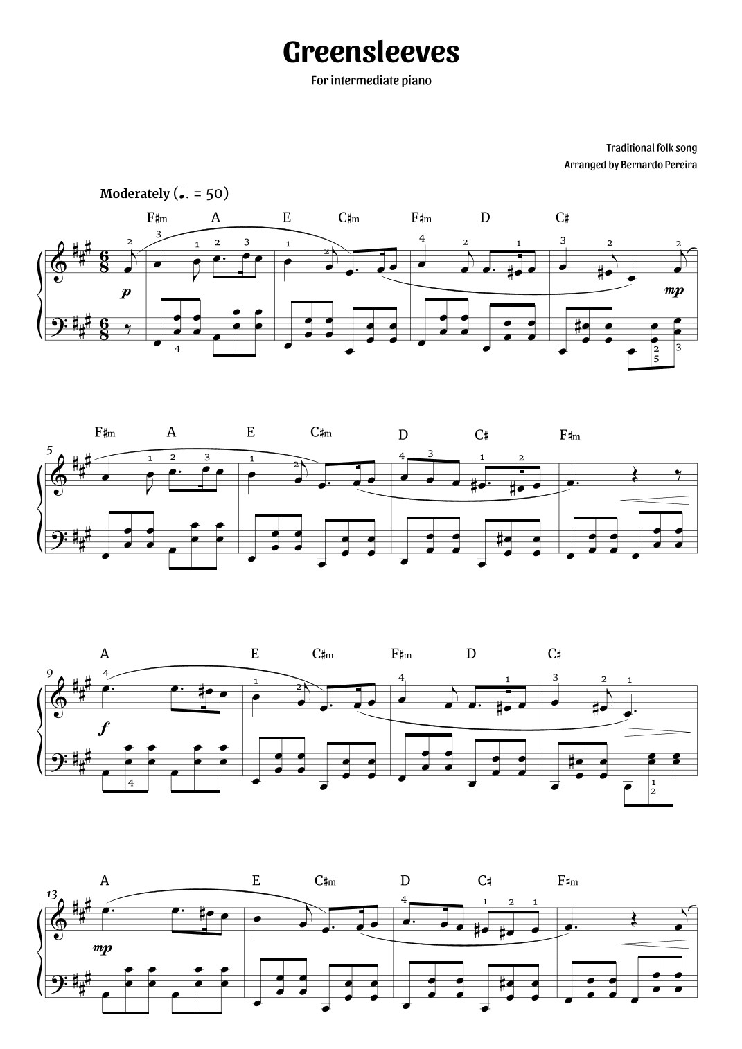 Greensleeves (intermediate piano – F# minor) (arr. Bernardo Pereira)