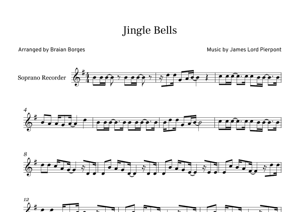 Jingle Bells in G major, For Soprano Recorder (arr. Braian Borges)