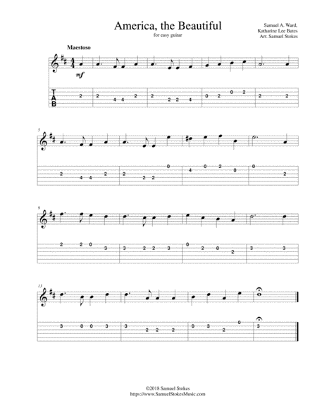 America, the Beautiful (O Beautiful for Spacious Skies) - for easy guitar with TAB (arr. Samuel Stokes)