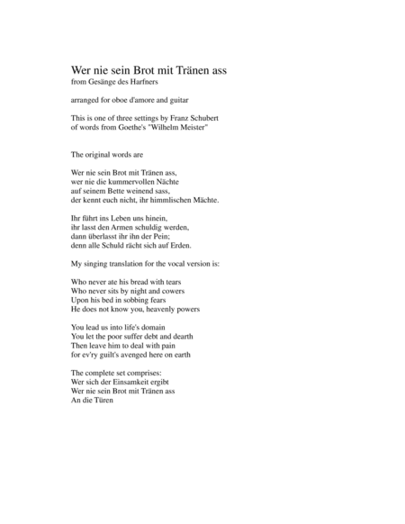 Wer nie sein Brot mit Tränen ass from Gesänge des Harfners arranged for oboe d'amore and guitar (arr. David Warin Solomons)