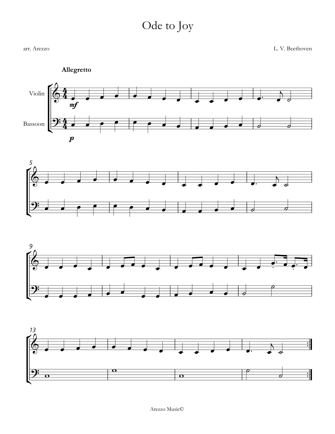 ode to joy violin and bassoon sheet music in c (arr. Arezzo Music)