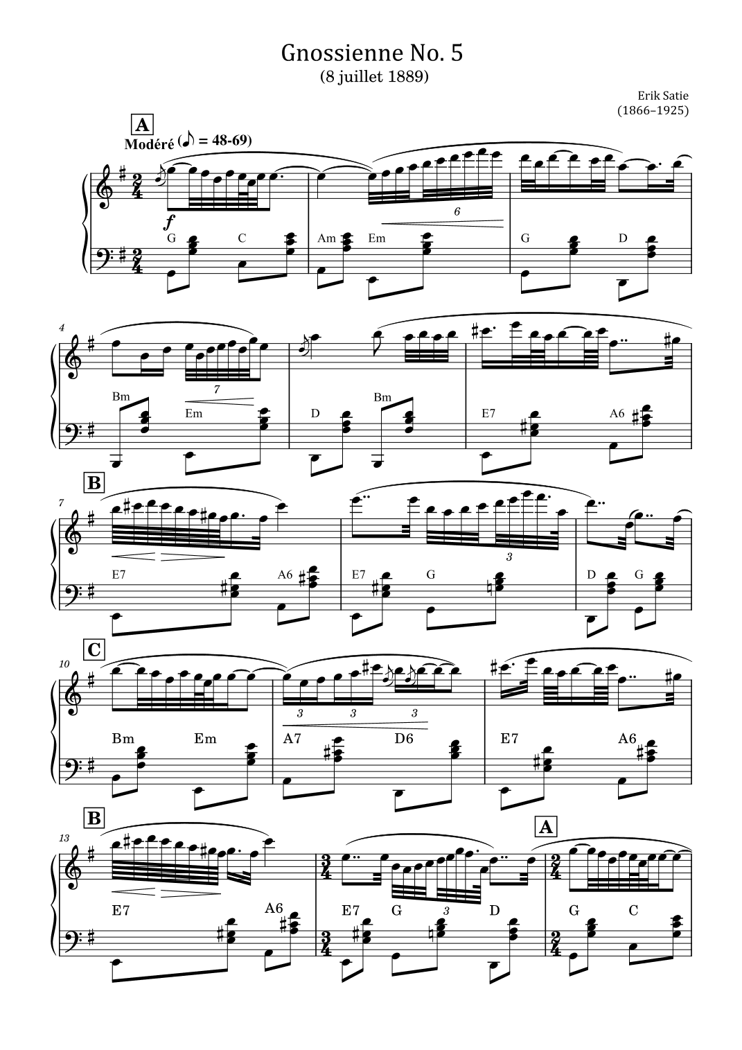 Erik Satie - Gnossiennes No.5 - from Trois Gnossiennes - Original For Piano Solo (arr. poon)
