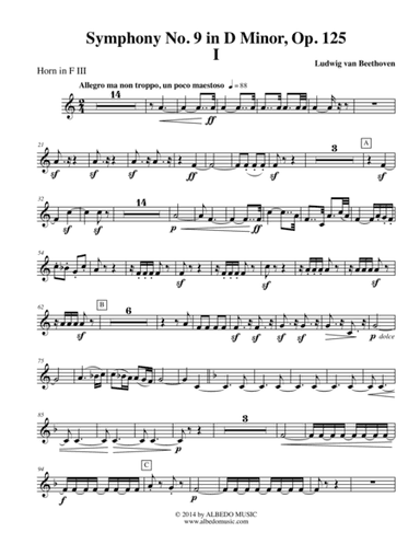 Beethoven Symphony No. 9, Movement I - Horn in F 3 (Transposed Part), Op. 125 (arr. Doug Clyde)