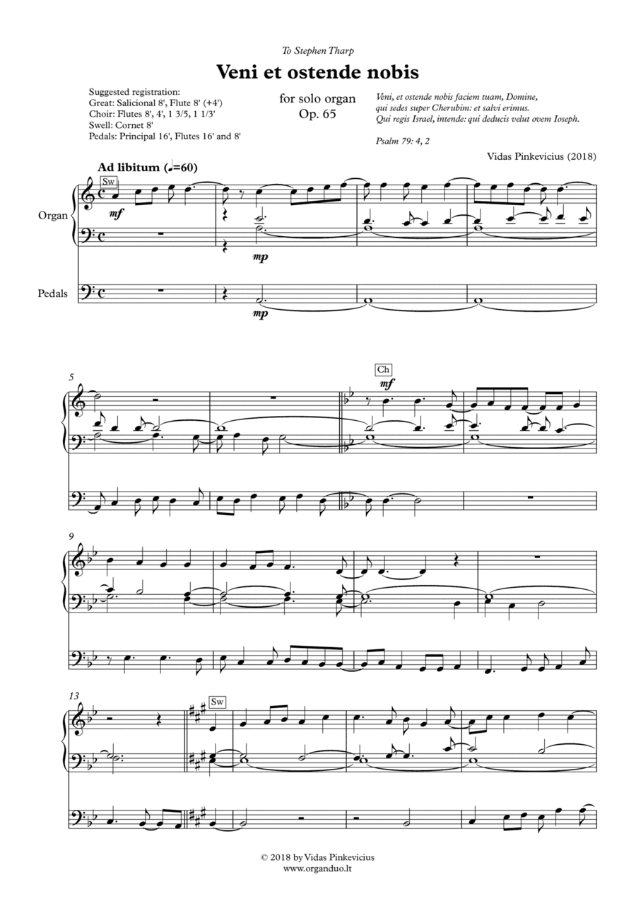 Veni et ostende nobis, Op. 65 (2018) for solo organ by Vidas Pinkevicius