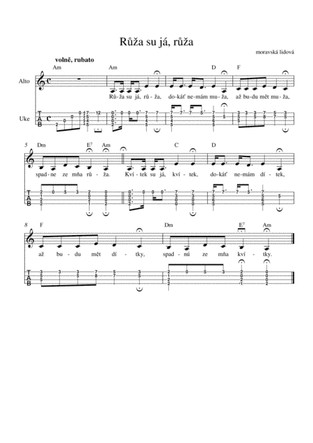 Ruža su já, ruža - simple Moravian folk song arranged for ukulele solo (C6 tune) (arr. Petr Zeman)