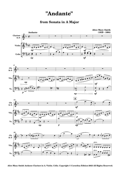 Alice Mary Smith "Andante" from Sonata in A Major. Clarinet, Violin, & Cello. Small Chamber Ensemble (arr. Glenn Martin)