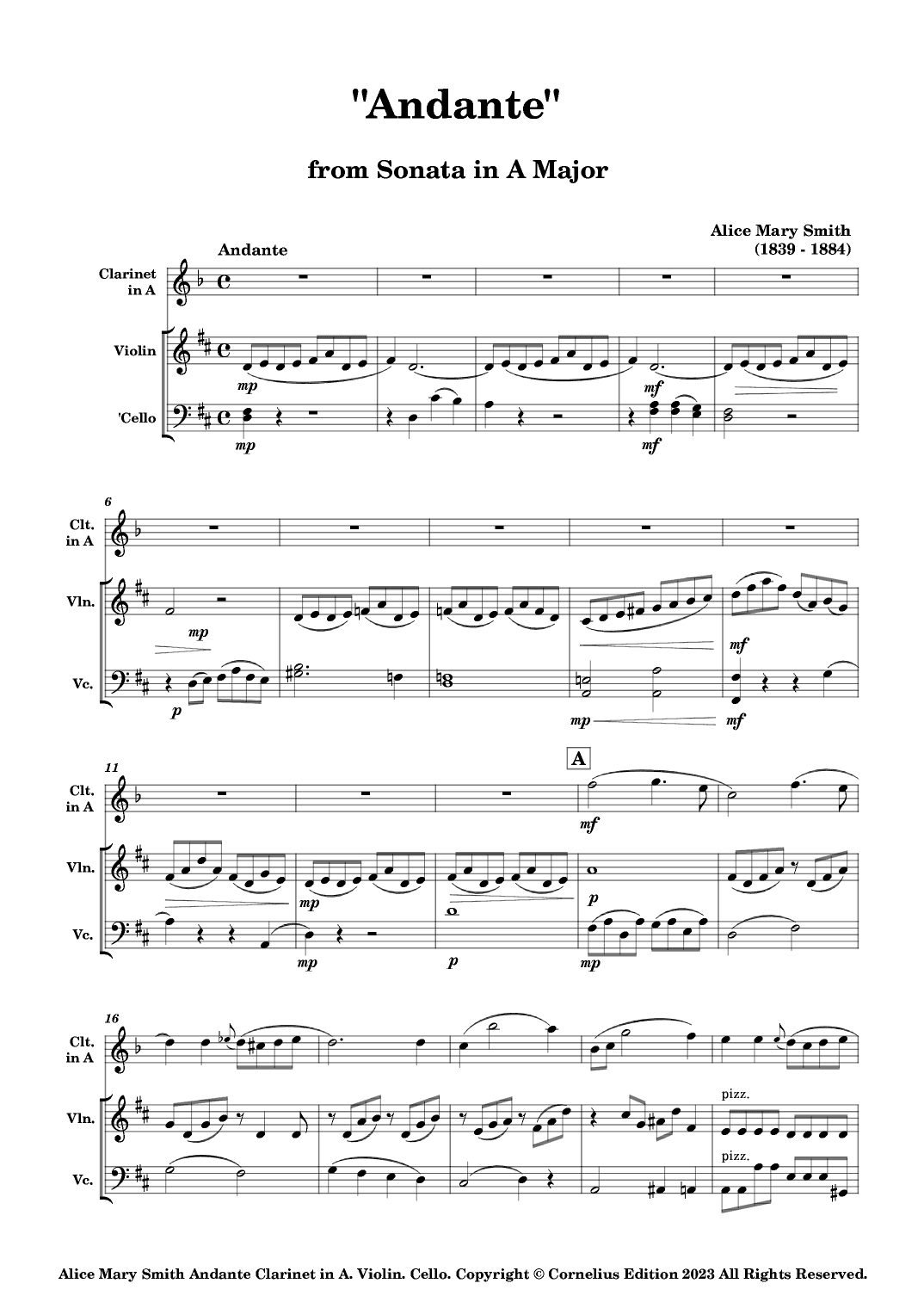 Alice Mary Smith "Andante" from Sonata in A Major. Clarinet, Violin, & Cello. Small Chamber Ensemble (arr. Glenn Martin)