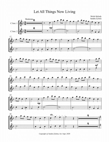 Let All Things Now Living (treble C instrument duet -parts only) (arr. Sandra Zylstra)
