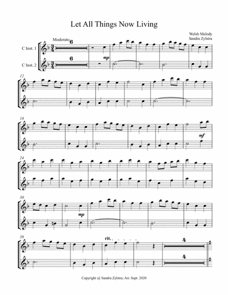 Let All Things Now Living (treble C instrument duet -parts only) (arr. Sandra Zylstra)