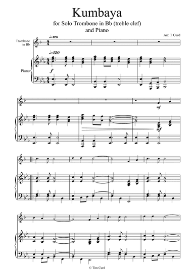 Kumbaya for Trombone in Bb (treble clef) and Piano (arr. Tim Curd)