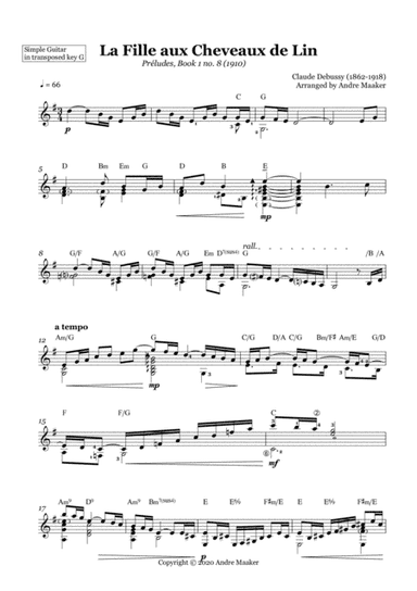 La Fille aux Cheveaux de Lin / The Girl With The Flaxen Hair by Claude Debussy. Simple guitar arrang (arr. Andre Maaker)
