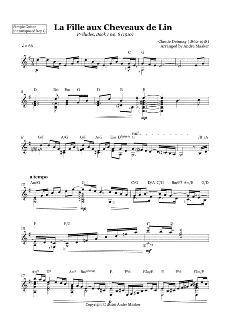 La Fille aux Cheveaux de Lin / The Girl With The Flaxen Hair by Claude Debussy. Simple guitar arrang (arr. Andre Maaker)