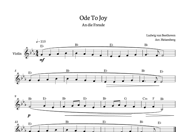 Beethoven - Ode to Joy for violin in Eb with chords. (arr. Heisenberg)