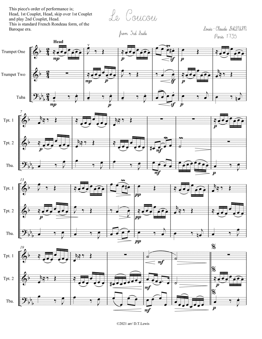 Le Coucou by DAQUIN for Brass Trio (arr. Derrick T. Lewis)